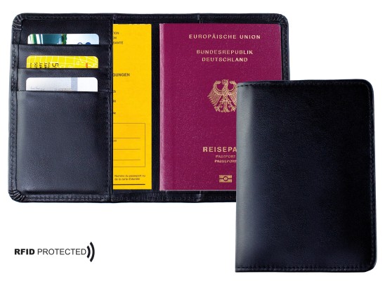 Reisepass / Impfausweis Etui  PREMIUM LEDER BOXCALF schwarz (glatt)k - RFID Protected