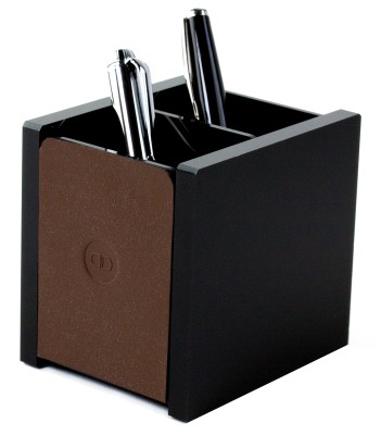 Stifteköcher DUO - ACRYL schwarz Kombination mit PREMIUM LEDER BOXCALF dunkelbraun (glatt)
