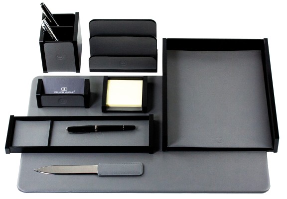 Schreibtisch Set "BOSTON" 8-teilig Kombination Acryl schwarz mit PREMIUM LEDER BOXCALF grau