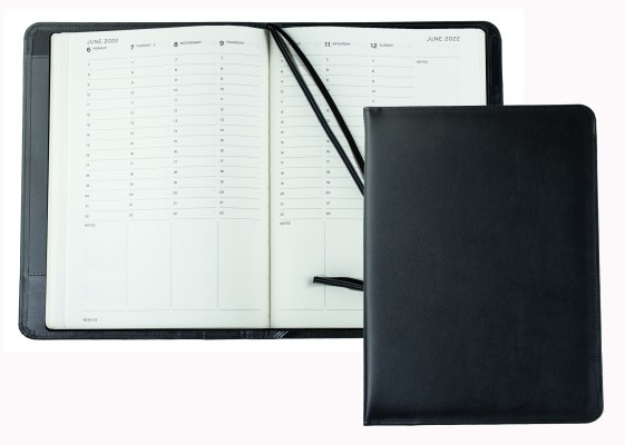 Akademischer Wochenkalender DIN A4+ von Juli 2023 - Dezember 2024 in PREMIUM LEDER BOXCALF schwarz (glatt)