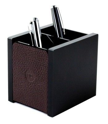 Stifteköcher DUO - ACRYL schwarz Kombination mit PREMIUM LEDER SOFTGRAIN dunkelbraun (genarbt)