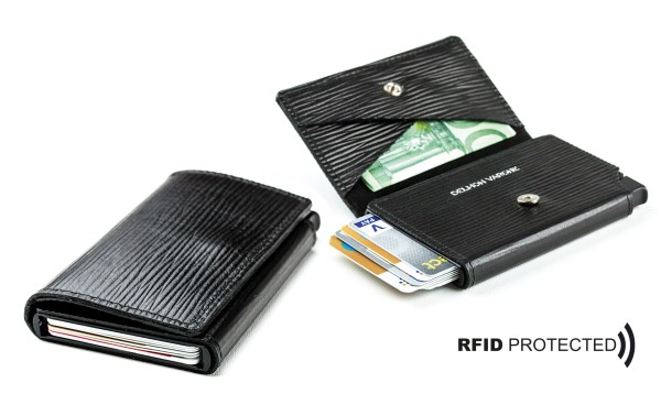 Slim Wallet Cardprotector mit RFID Schutz in PREMIUM LEDER MANHATTAN schwarz mit Paglia Narbung