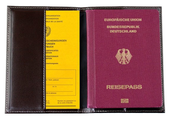 Reisepass / Impfausweis Etui CAMBRIDGE Top Grain Rindspaltleder mit heller Kontrastnaht dunkelbraun