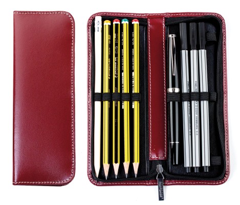 Lehrer Stifteetui mit Reißverschluss 10 + 2 - CAMBRIDGE Top Grain Leder - rot