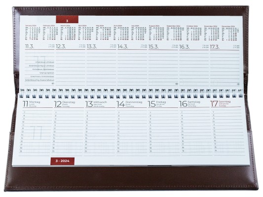 Tischquerkalender (auswechselbar) für 2024 und zusätzlich 2025 - Cambridge Top Grain Leder dunkelbraun