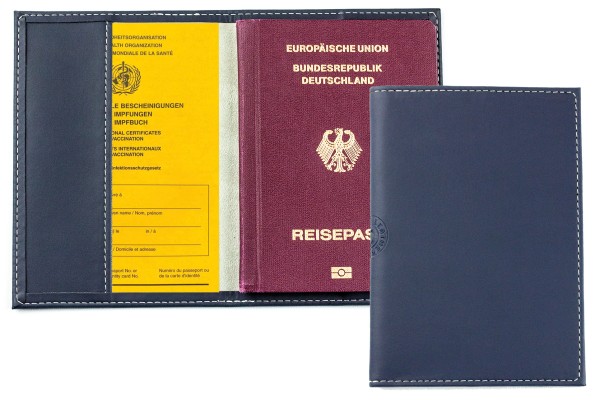 Reisepass / Impfausweis Etui mit RFID Schutz in Lederimitat ECO APPLE LEATHER dunkelblau