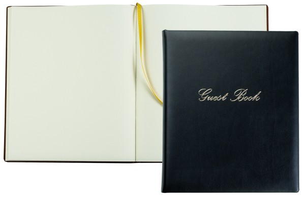 Gästebuch 20 x 24 cm aus veganem Lederimitat NOVAPELL schwarz - mit hochwertiger Goldfolienprägung GUEST BOOK