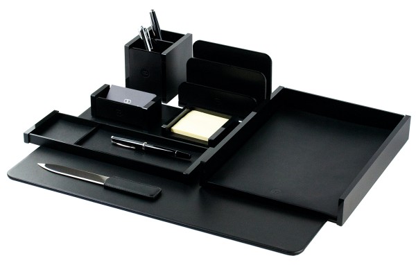 Schreibtisch Set "BOSTON" 8-teilig Kombination Acryl schwarz mit PREMIUM LEDER BOXCALF schwarz