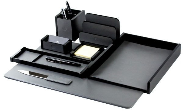 Schreibtisch Set "BOSTON" 8-teilig Kombination Acryl schwarz mit PREMIUM LEDER BOXCALF grau