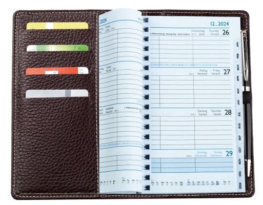 Taschenkalender mit Spiralbindung 2025 in PREMIUM LEDER SOFT GRAIN marronebraun (genarbt)