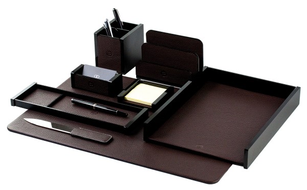 Schreibtisch Set "BOSTON" 8-teilig Kombination Acryl schwarz mit PREMIUM LEDER SOFTGRAIN dunkelbraun