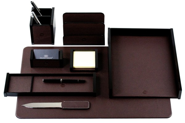 Schreibtisch Set "BOSTON" 8-teilig Kombination Acryl schwarz mit PREMIUM LEDER SOFTGRAIN dunkelbraun