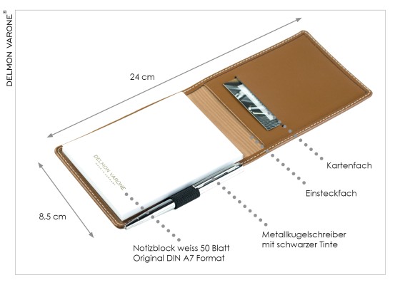 Taschen Notizblocketui DIN A7, incl. Ersatzblock + Minikugelschreiber CAMBRIDGE Top Grain Rindspaltleder hellbraun