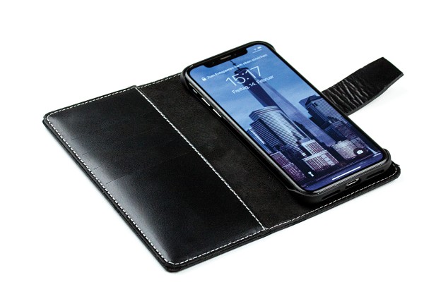 iPhone Case aus Leder mit integrierter schwarzer Kunststoffschale CAMBRIDGE Top Grain Leder schwarz