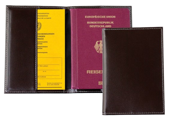 Reisepass / Impfausweis Etui CAMBRIDGE Top Grain Rindspaltleder mit heller Kontrastnaht dunkelbraun