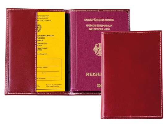 Reisepass / Impfausweis Etui CAMBRIDGE Top Grain Rindspaltleder mit heller Kontrastnaht rot